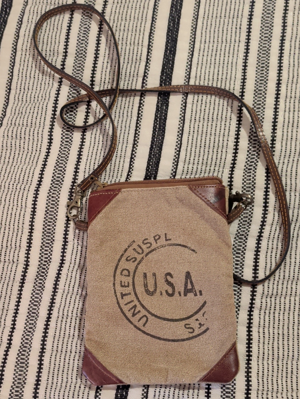 Canvas Crossbody Messenger Bag in Tan with Brown Trim